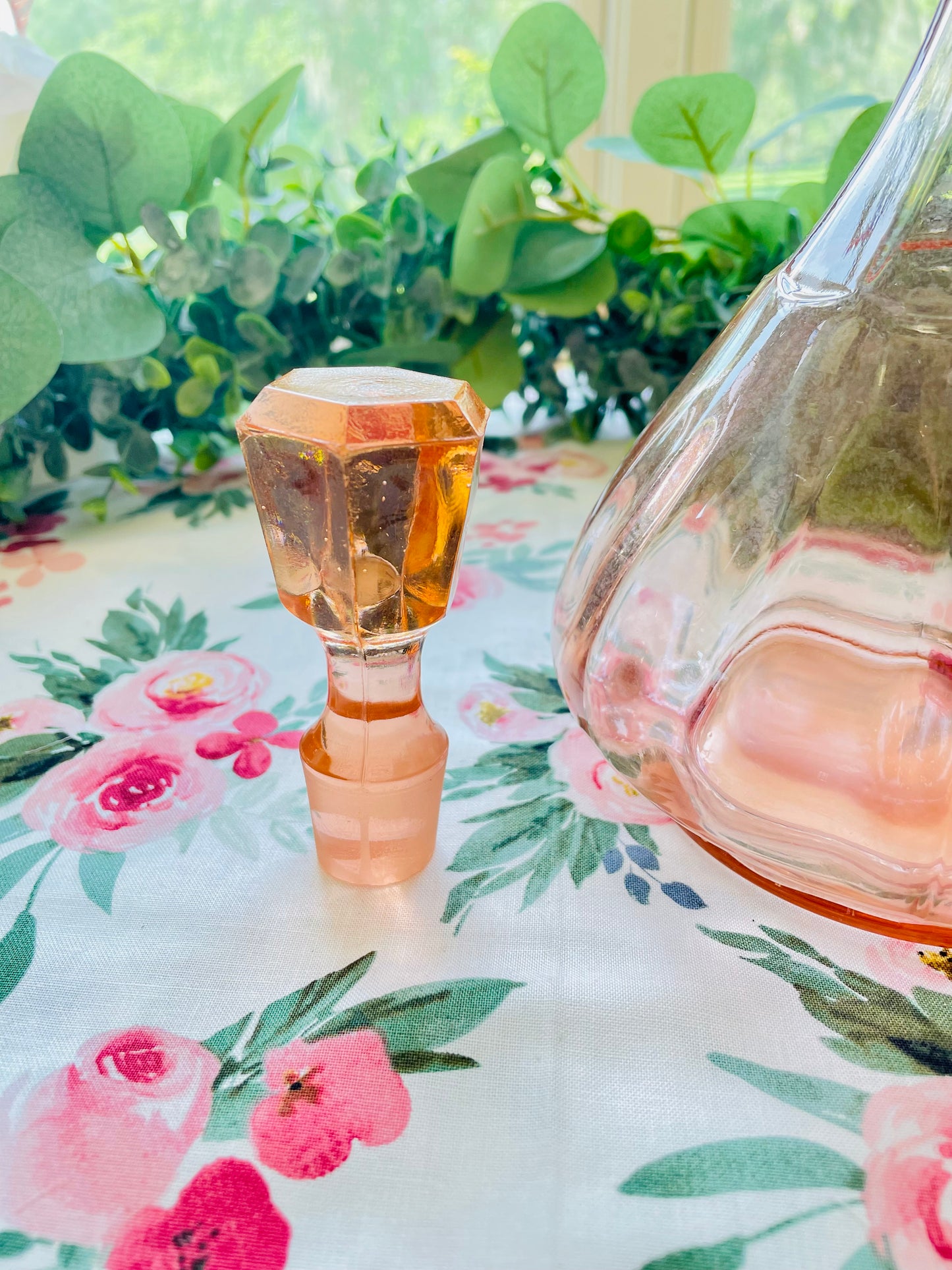 antique pink depression glass pink glass decanter hexagon stopper decanter pink glass decor pink kitchenware pink office decor birthday rare pink decanter Thebrokenbirdcompany pink kitchen antique glass wine decanter pink fancy decanter container