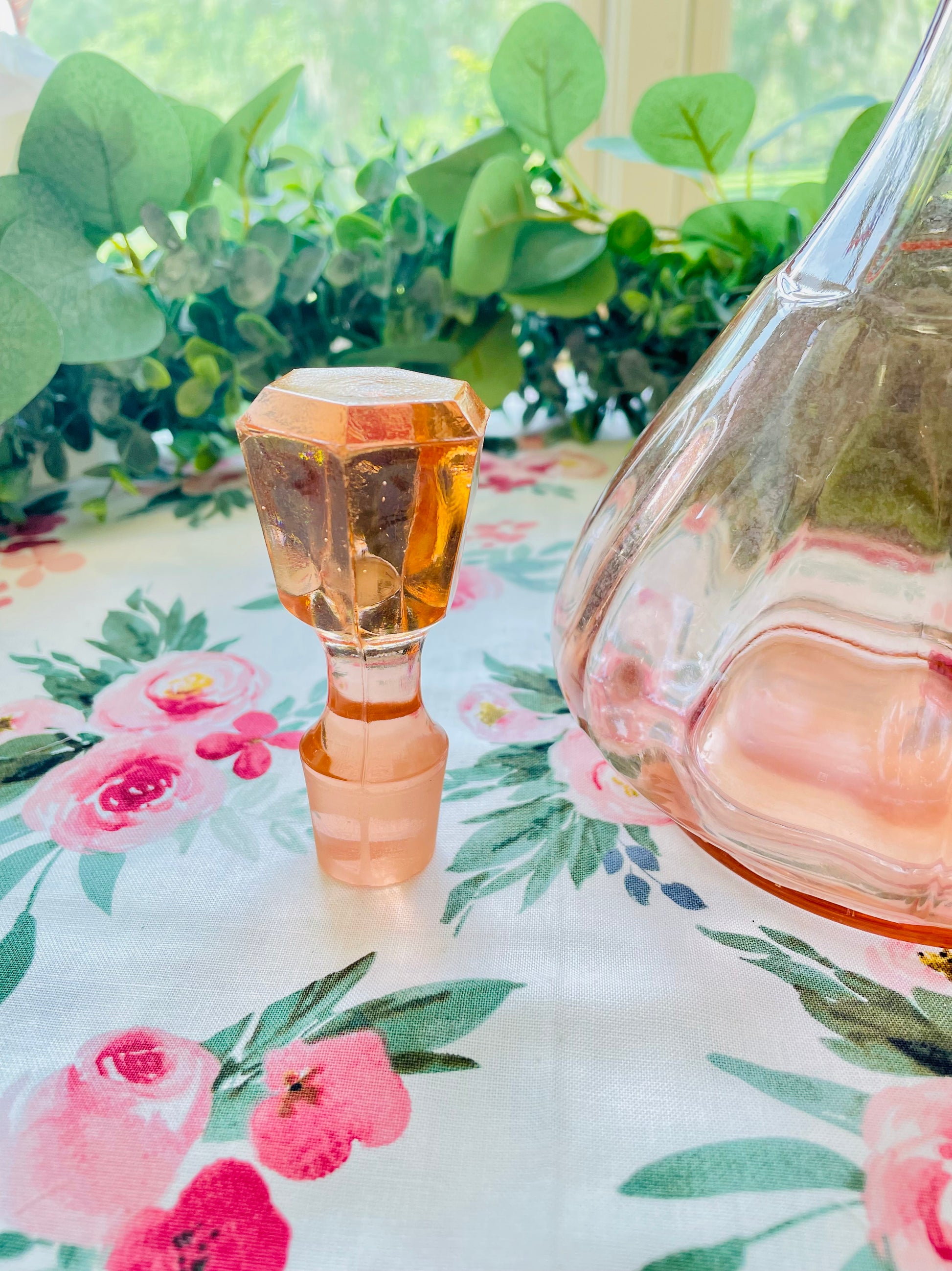 antique pink depression glass pink glass decanter hexagon stopper decanter pink glass decor pink kitchenware pink office decor birthday rare pink decanter Thebrokenbirdcompany pink kitchen antique glass wine decanter pink fancy decanter container