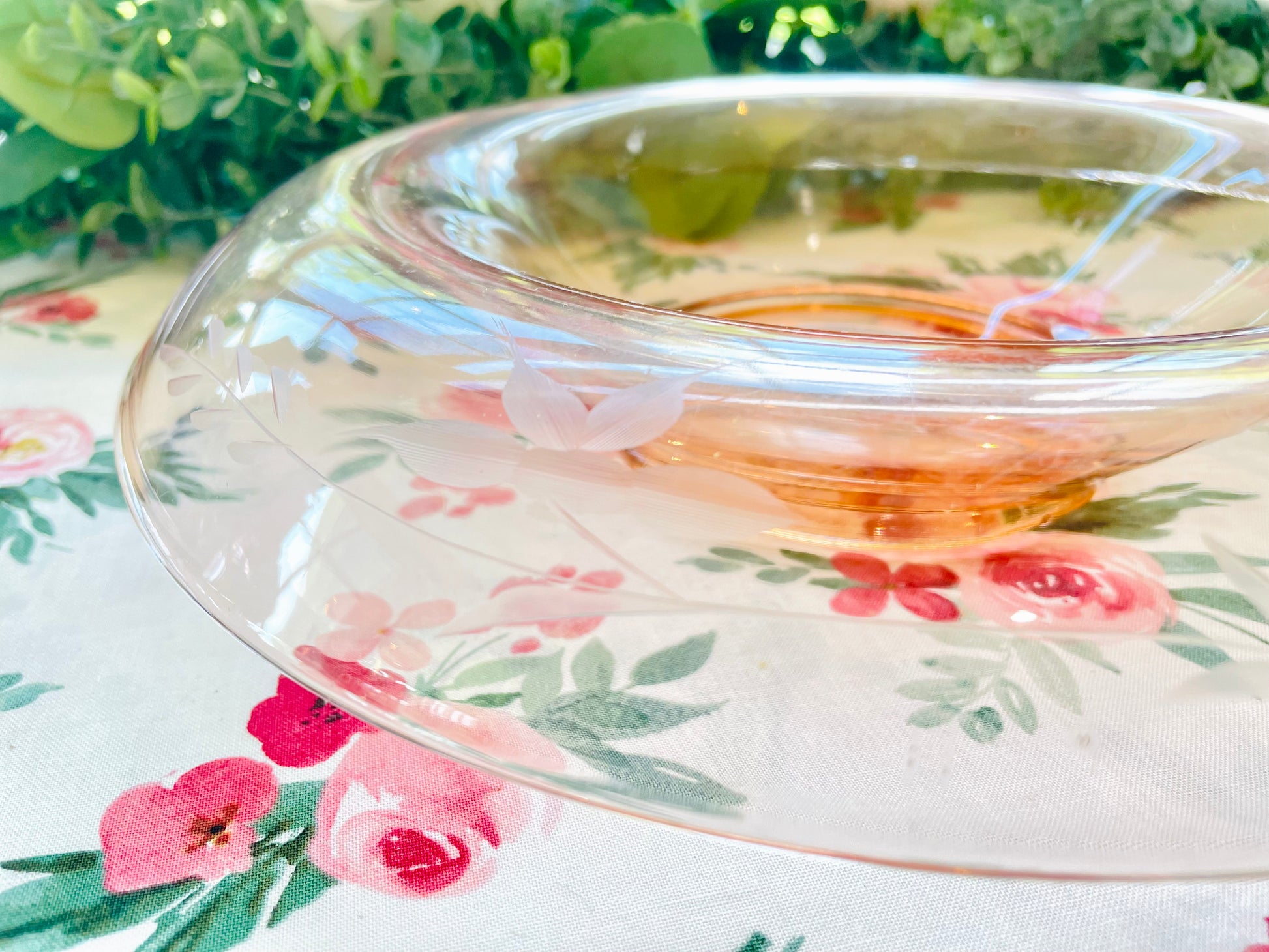 Antique 1930s Pink Depression Glass Etched Rolled Edge Console Bowl pink bowl thebrokenbirdcompany free shipping birthday centerpiece bowl mothers day easter pink decor pink glass etched flowers and vines party bowl decor