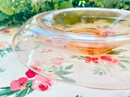 Antique 1930s Pink Depression Glass Etched Rolled Edge Console Bowl pink bowl thebrokenbirdcompany free shipping birthday centerpiece bowl mothers day easter pink decor pink glass etched flowers and vines party bowl decor
