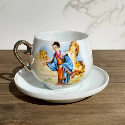 antique japanese lady lithophane kutani tea cup set had painted gold handle geisha motif made in japan lithophane lady face on bottom of cup set of 4 rare cups Maryland China asain kitchen asain decor rare 1930s tea set free shipping christmas housewarming gift for her rare gift thebrokenbirdcompany