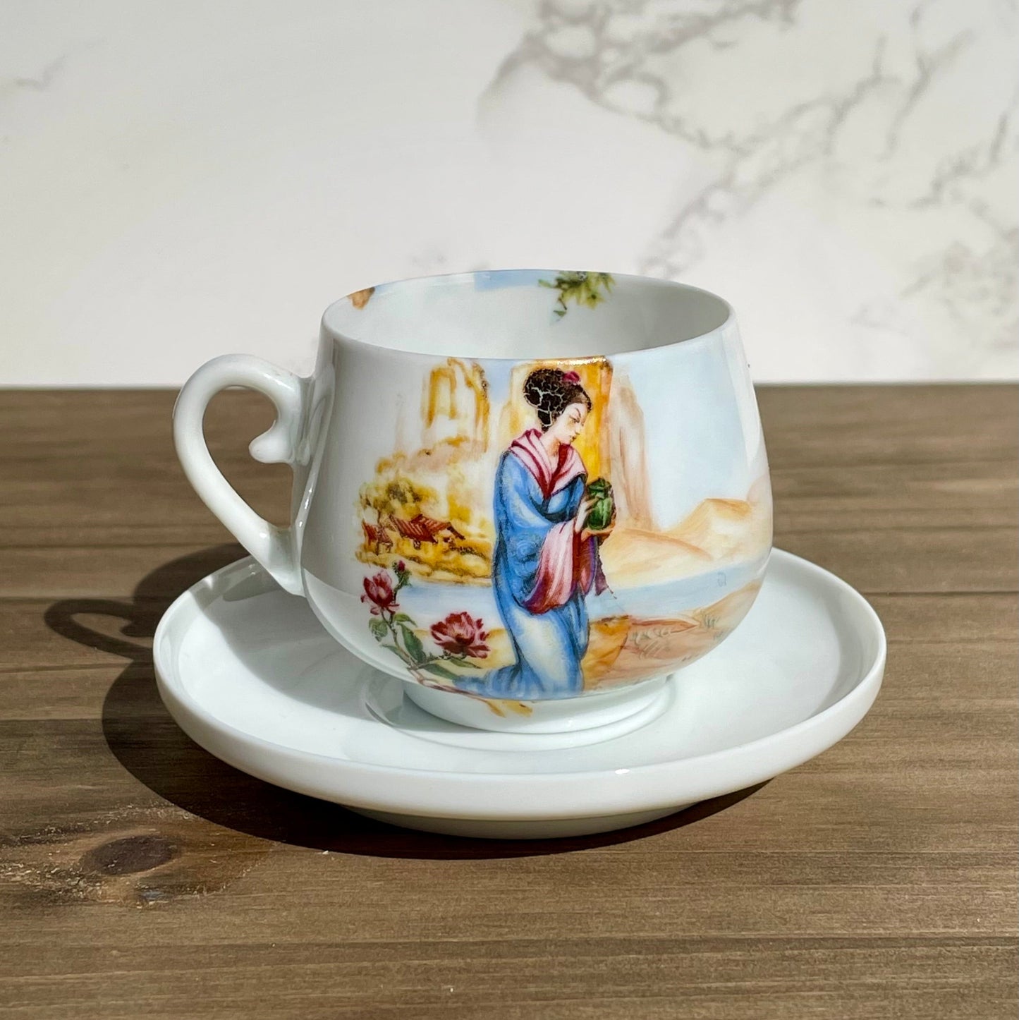 antique japanese lady lithophane kutani tea cup set had painted gold handle geisha motif double side painted tea cup made in japan lithophane lady face on bottom of cup set of 4 rare cups Maryland China asain kitchen asain decor rare 1930s tea set free shipping christmas housewarming gift for her rare gift thebrokenbirdcompany