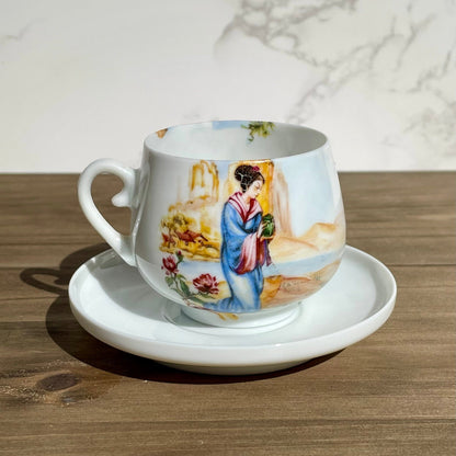 antique japanese lady lithophane kutani tea cup set had painted gold handle geisha motif double side painted tea cup made in japan lithophane lady face on bottom of cup set of 4 rare cups Maryland China asain kitchen asain decor rare 1930s tea set free shipping christmas housewarming gift for her rare gift thebrokenbirdcompany