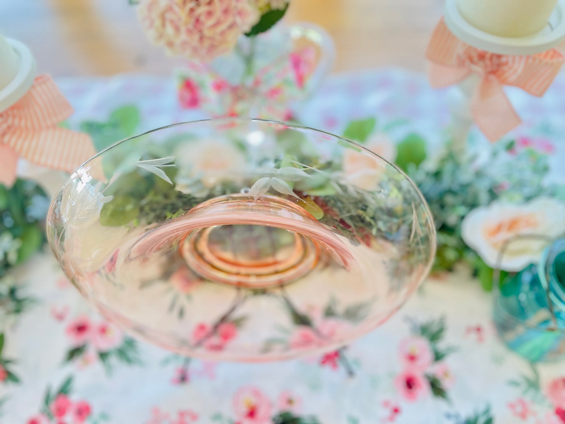 Antique 1930s Pink Depression Glass Etched Rolled Edge Console Bowl pink bowl thebrokenbirdcompany free shipping birthday centerpiece bowl mothers day easter pink decor pink glass etched flowers and vines party bowl decor