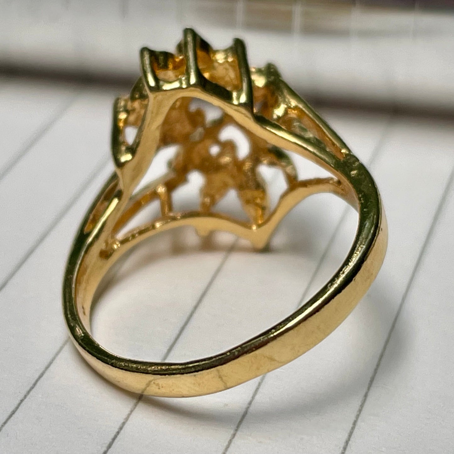 Gold ring with intricate design vintage_opal_and_lab_created_diamonds_on_gold_tone_ring_thebrokenbirdcompany_free_shipping_vintage_jewlery