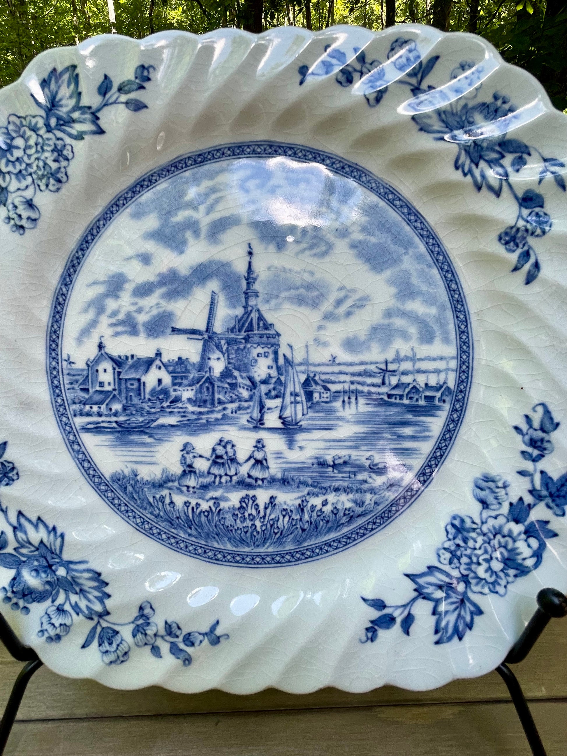 vintage blue and white dutch delftware ironstone square plates tulip time by johnson brothers made in england ruffled edge country farmhouse decor decorative plates free shipping thebrokenbirdcompany gift for her home decor