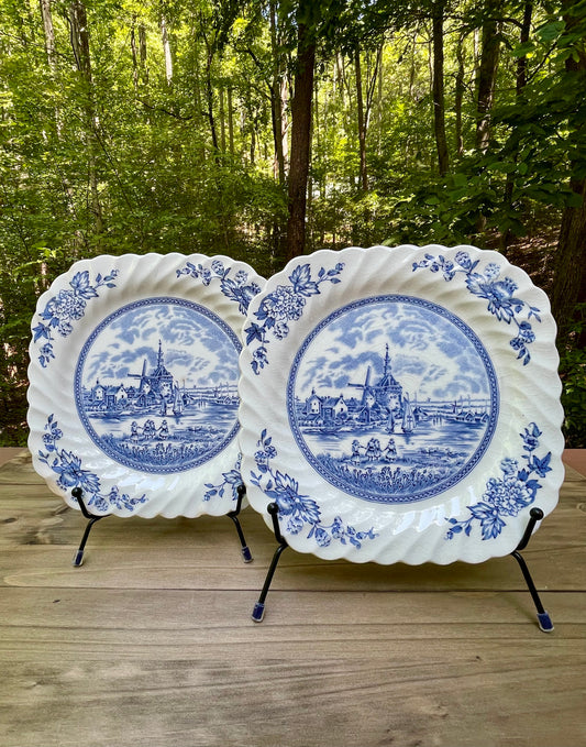 vintage blue and white dutch delftware ironstone square plates tulip time by johnson brothers made in england ruffled edge country farmhouse decor decorative plates free shipping thebrokenbirdcompany gift for her home decor