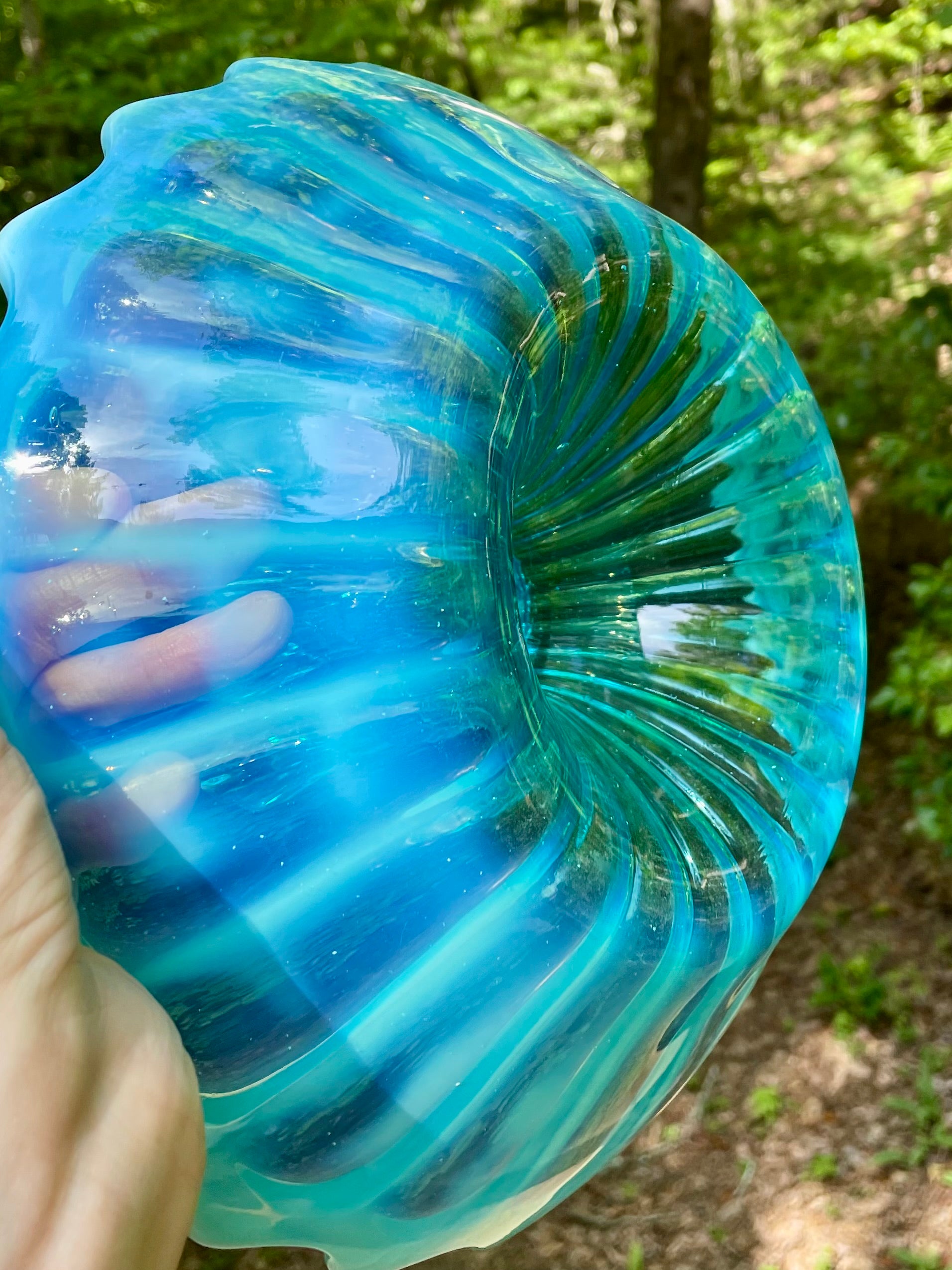 antique blue pearline blown glass 3 prong candle holder center piece blue and white glass rare blue glass kitchen decor housewarming gift for her rare home decor christmas gift housewarming gift 1900s piece holiday decor birthday gift beautiful glass free shipping in the USA thebrokenbirdcompany