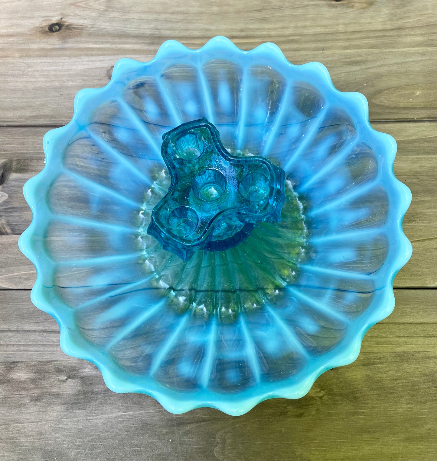 antique blue pearline blown glass 3 prong candle holder center piece blue and white glass rare blue glass kitchen decor housewarming gift for her rare home decor christmas gift housewarming gift 1900s piece holiday decor birthday gift beautiful glass free shipping in the USA thebrokenbirdcompany