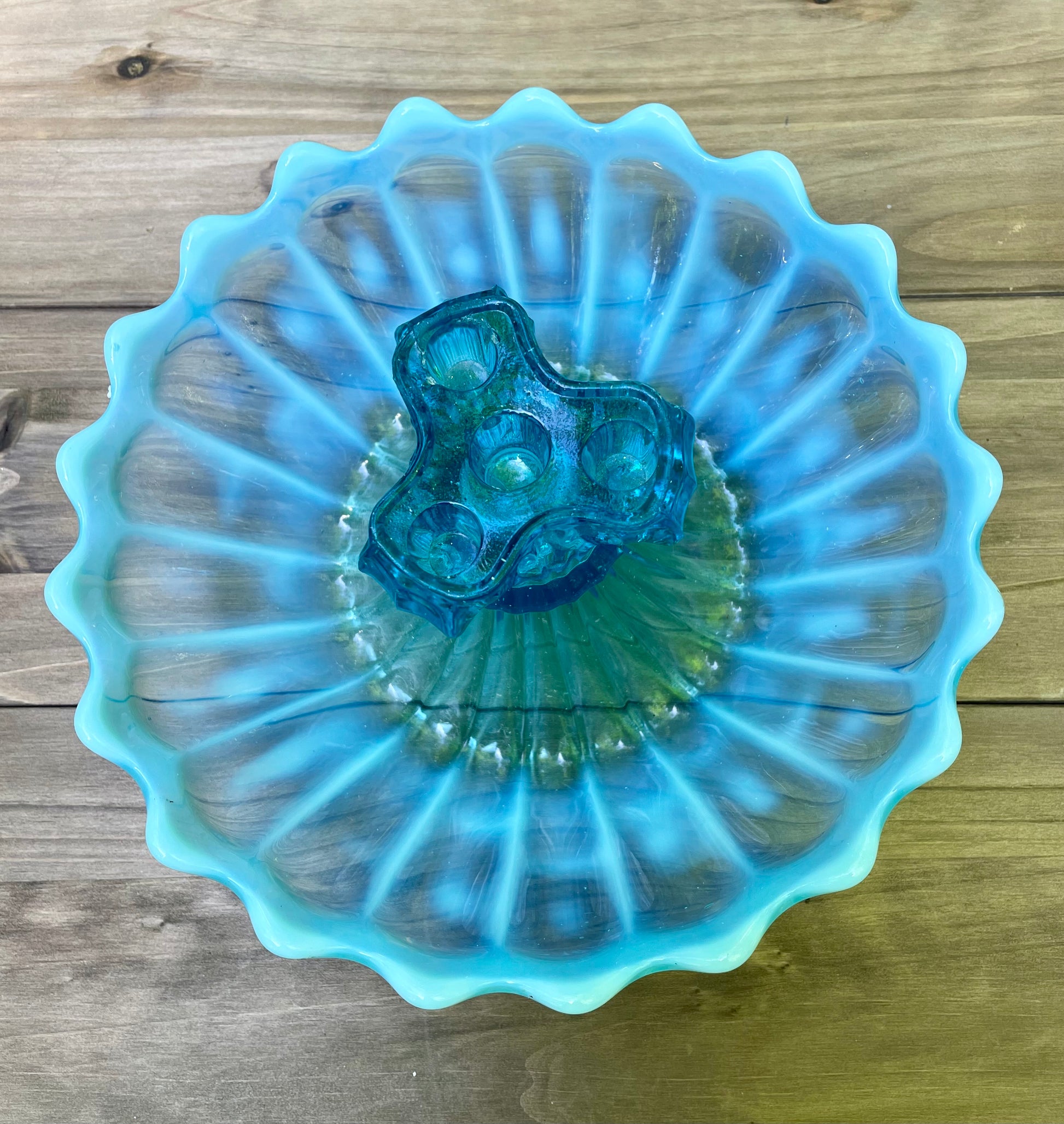 antique blue pearline blown glass 3 prong candle holder center piece blue and white glass rare blue glass kitchen decor housewarming gift for her rare home decor christmas gift housewarming gift 1900s piece holiday decor birthday gift beautiful glass free shipping in the USA thebrokenbirdcompany