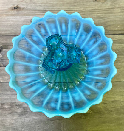 antique blue pearline blown glass 3 prong candle holder center piece blue and white glass rare blue glass kitchen decor housewarming gift for her rare home decor christmas gift housewarming gift 1900s piece holiday decor birthday gift beautiful glass free shipping in the USA thebrokenbirdcompany