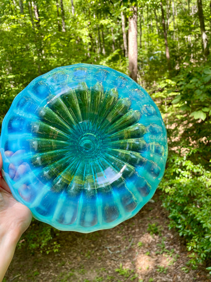 antique blue pearline blown glass 3 prong candle holder center piece blue and white glass rare blue glass kitchen decor housewarming gift for her rare home decor christmas gift housewarming gift 1900s piece holiday decor birthday gift beautiful glass free shipping in the USA thebrokenbirdcompany