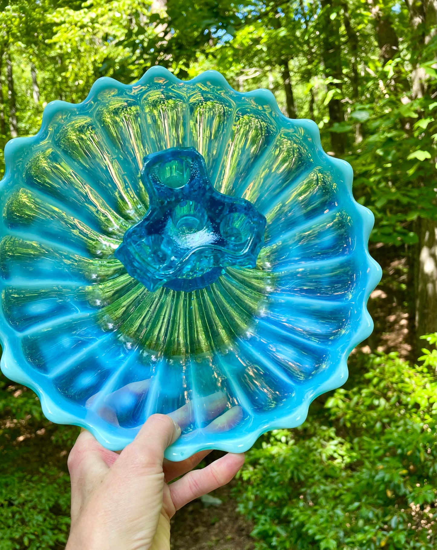 antique blue pearline blown glass 3 prong candle holder center piece blue and white glass rare blue glass kitchen decor housewarming gift for her rare home decor christmas gift housewarming gift 1900s piece holiday decor birthday gift beautiful glass free shipping in the USA thebrokenbirdcompany