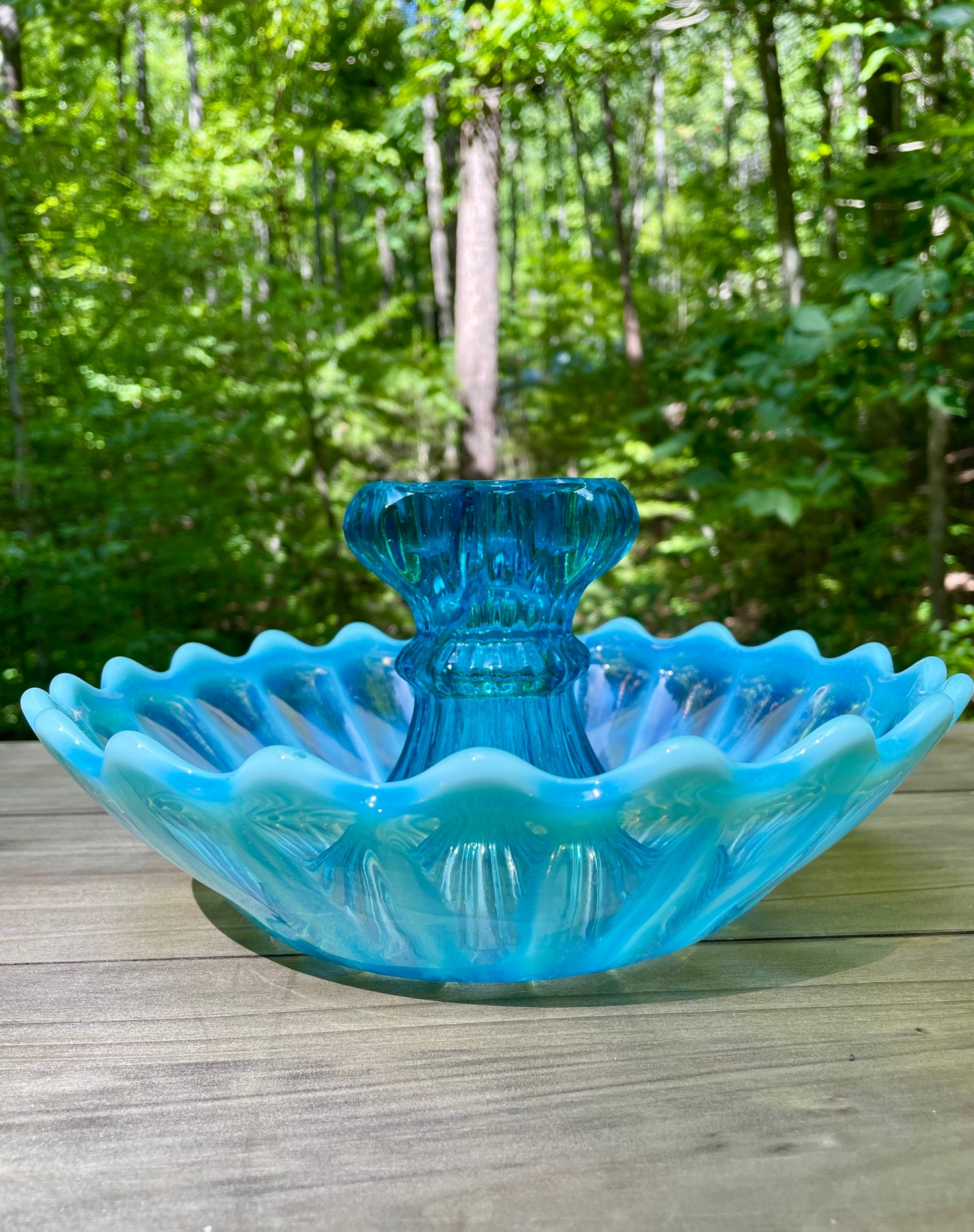 antique blue pearline blown glass 3 prong candle holder center piece blue and white glass rare blue glass kitchen decor housewarming gift for her rare home decor christmas gift housewarming gift 1900s piece holiday decor birthday gift beautiful glass free shipping in the USA thebrokenbirdcompany