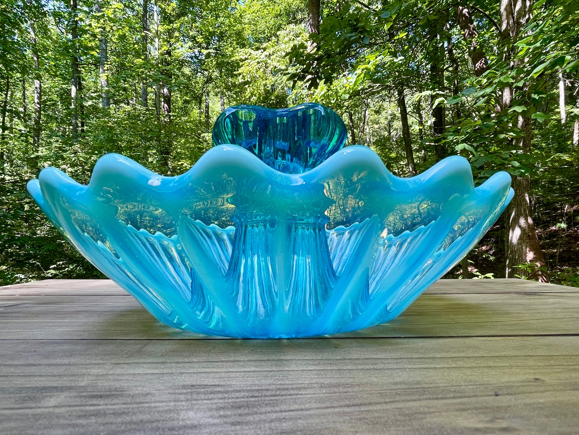 antique blue pearline blown glass 3 prong candle holder center piece blue and white glass rare blue glass kitchen decor housewarming gift for her rare home decor christmas gift housewarming gift 1900s piece holiday decor birthday gift beautiful glass free shipping in the USA thebrokenbirdcompany