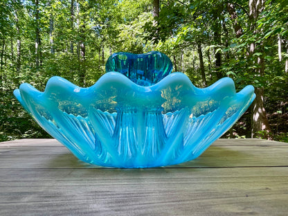 antique blue pearline blown glass 3 prong candle holder center piece blue and white glass rare blue glass kitchen decor housewarming gift for her rare home decor christmas gift housewarming gift 1900s piece holiday decor birthday gift beautiful glass free shipping in the USA thebrokenbirdcompany