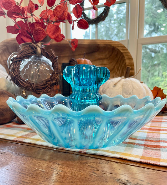 Antique rare blue glass centerpiece kitchen home decor baby blue glass  gift ruffle edge  Fenton glass Fenton blue glass Thebrokenbirdcompany’s birthday candle holder vase centerpiece