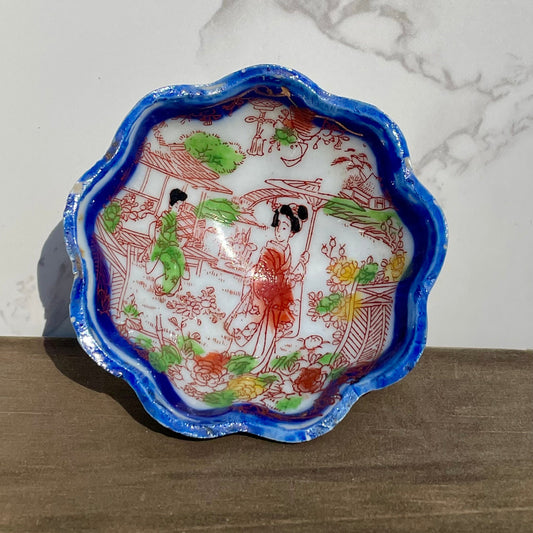Vintage hand painted blue scalloped edge teriyaki sauce bowl japanese moriage raised textured painted teriyaki sauce bowl vintage hand made blue scalloped edge bowl asain decor rare bowls asain home decor rare asian kitchen ware thebrokenbirdcompany free shipping made in japan raised textured painting asain cup blue edge geisha japan landscape green plants red dress geisha