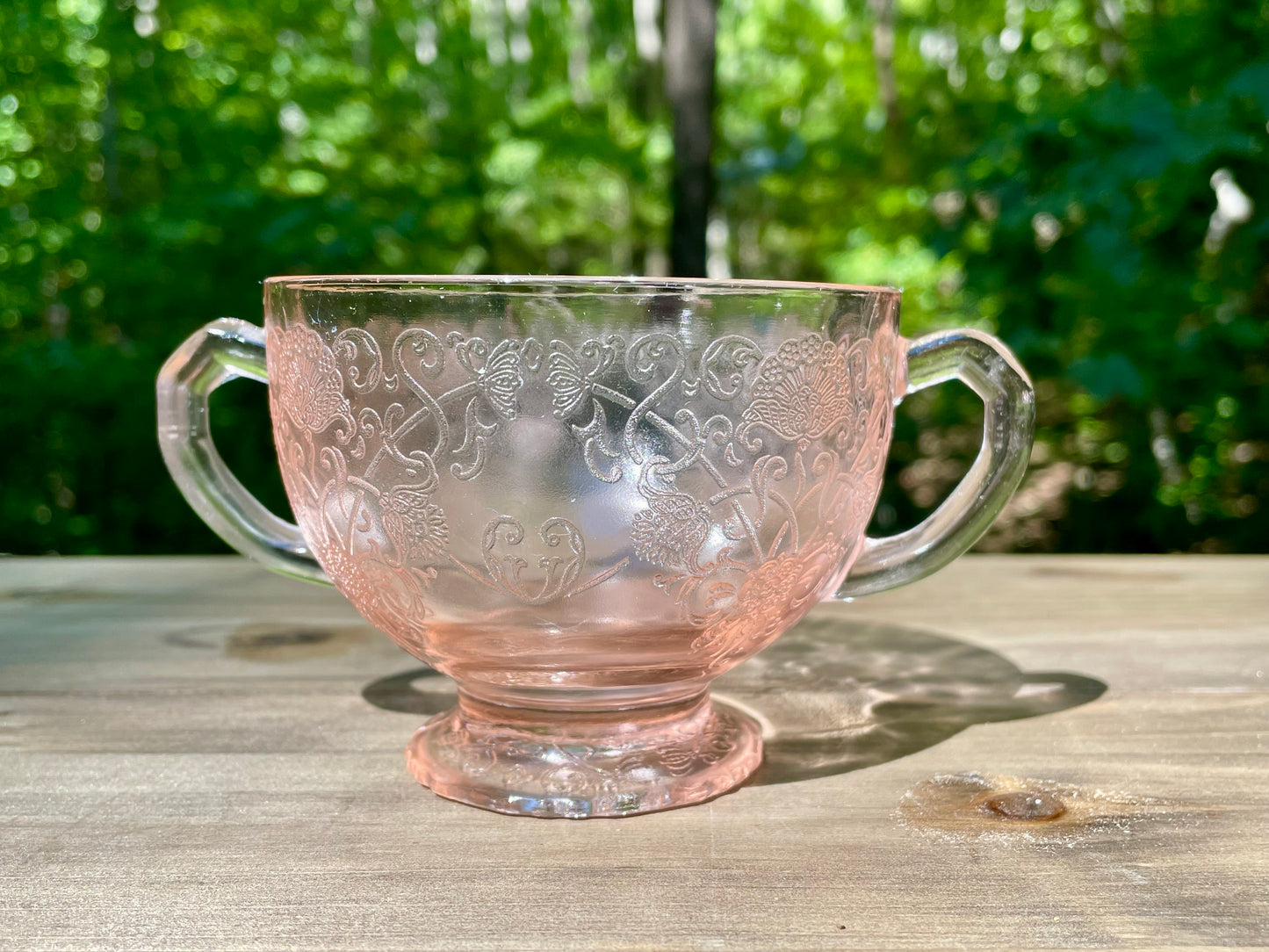 Vintage Blush Pink Footed Bon Bon Dish 1943 Kay Pattern Produced by Lancaster Glass Company pink depression glass blush pink rose pink elegant cup floral etched pedestal cup thebrokenbirdcompany free shipping rare pink glass gift for her christmas princess cup floral etched pink