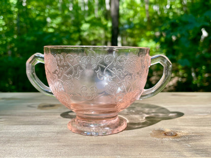 Vintage Blush Pink Footed Bon Bon Dish 1943 Kay Pattern Produced by Lancaster Glass Company pink depression glass blush pink rose pink elegant cup floral etched pedestal cup thebrokenbirdcompany free shipping rare pink glass gift for her christmas princess cup floral etched pink