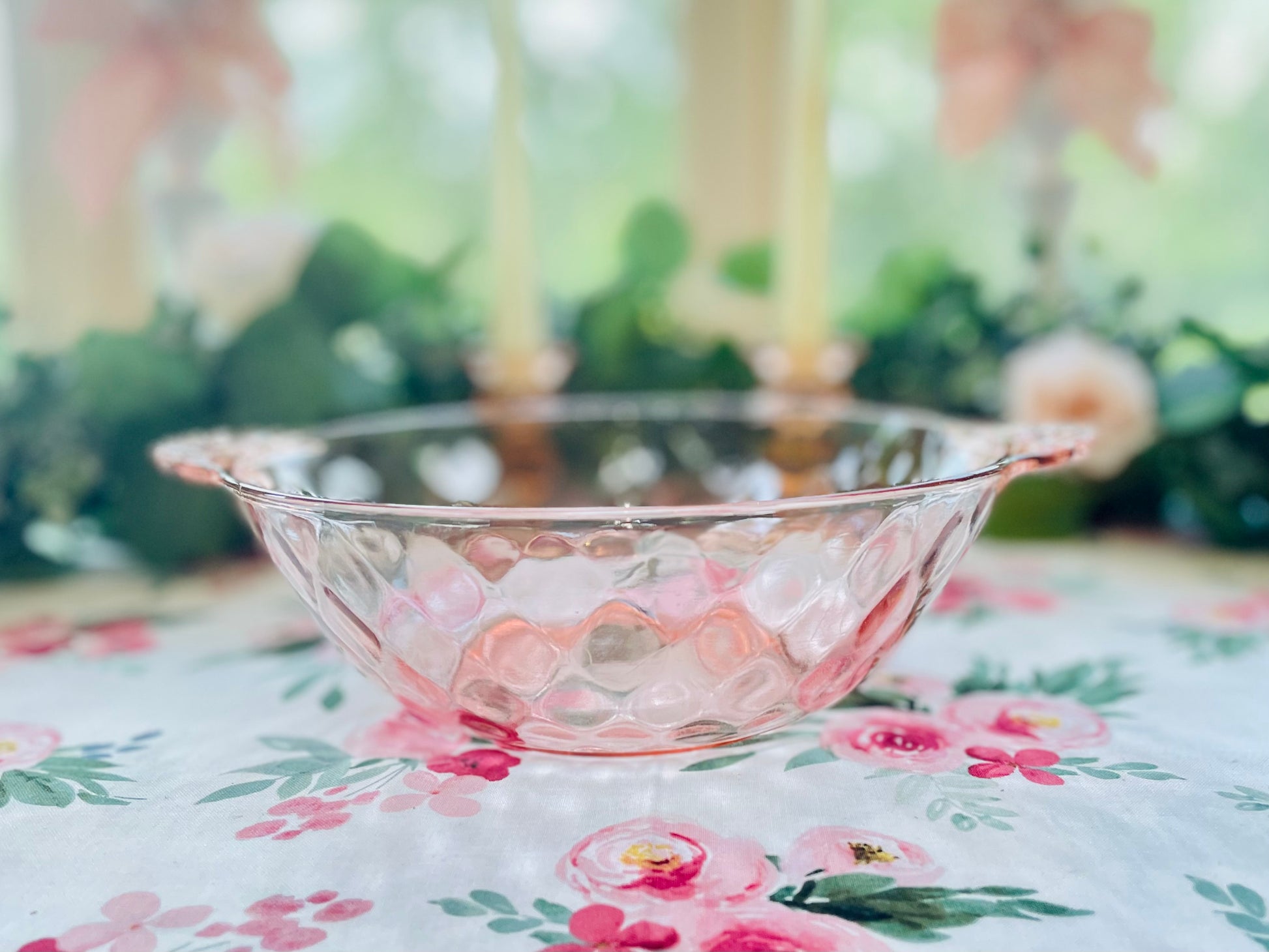 Anchor Hocking diamond optic pink depression glass serving bowl with ornate glass handles Pink depression glass berry bowl ornate salad bowl Thebrokenbirdcompany pink glass antique glass pink birthday gift fancy ice cream bowl depression glass pink party bowl 