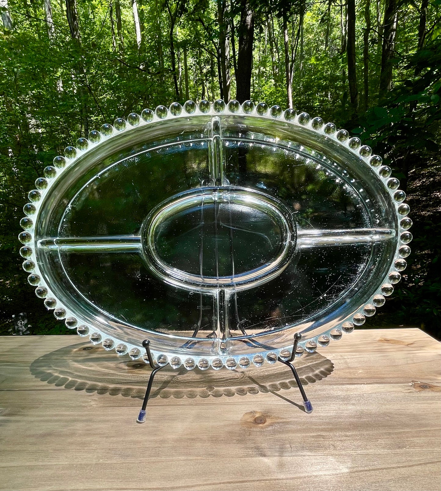 imperial glass company candlewick pattern divided party tray 1940s pearl edge design bubble design edge heavy pressed lead crystal dish vintage gift christmas birthday gift thebrokenbirdcompany lead crystal 13.5 inch length