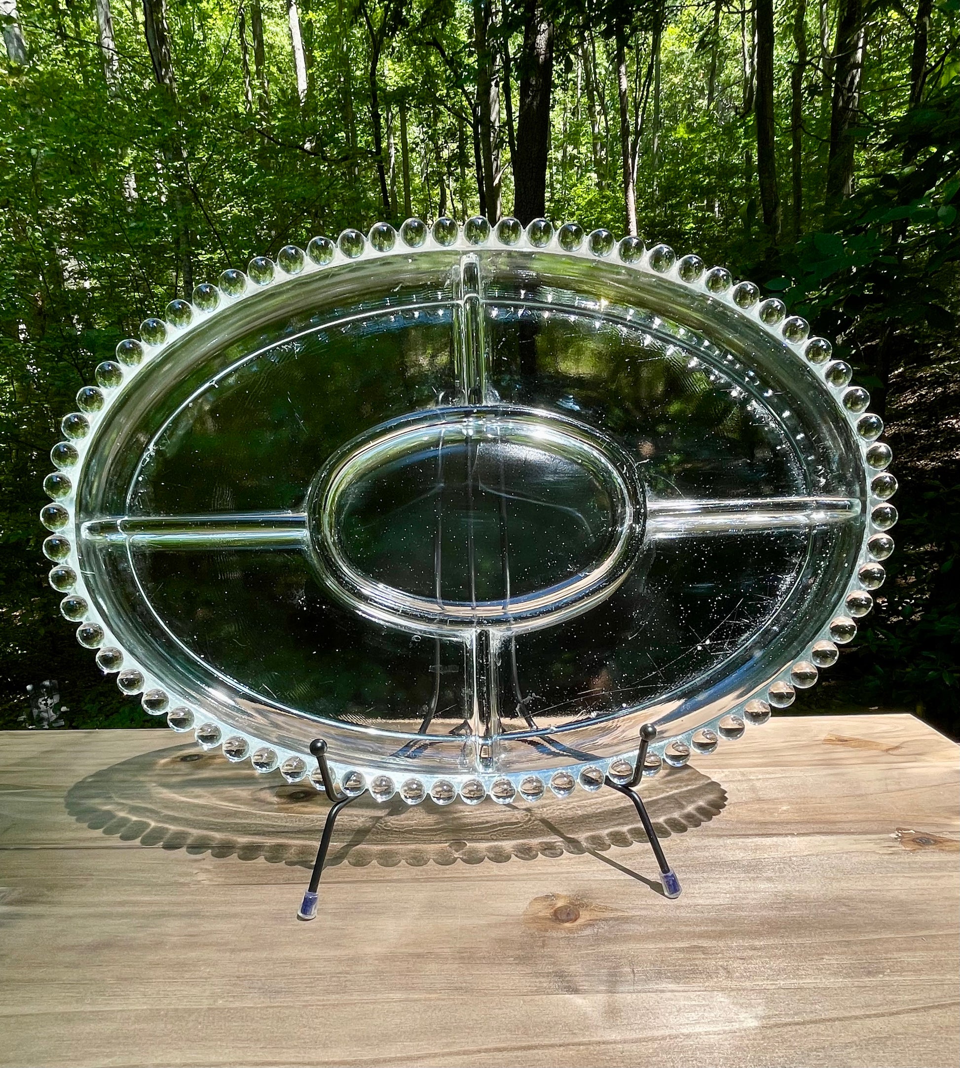 imperial glass company candlewick pattern divided party tray 1940s pearl edge design bubble design edge heavy pressed lead crystal dish vintage gift christmas birthday gift thebrokenbirdcompany lead crystal 13.5 inch length