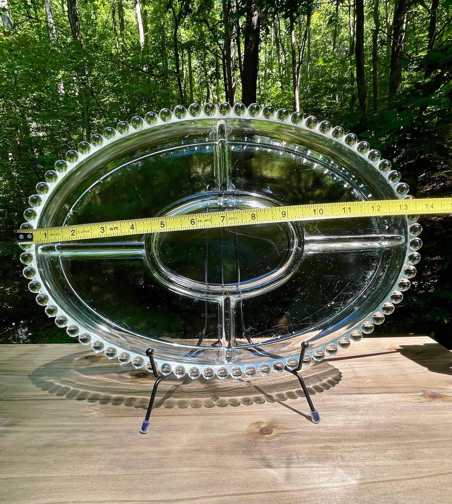 imperial glass company candlewick pattern divided party tray 1940s pearl edge design bubble design edge heavy pressed lead crystal dish vintage gift christmas birthday gift thebrokenbirdcompany lead crystal 13.5 inch length