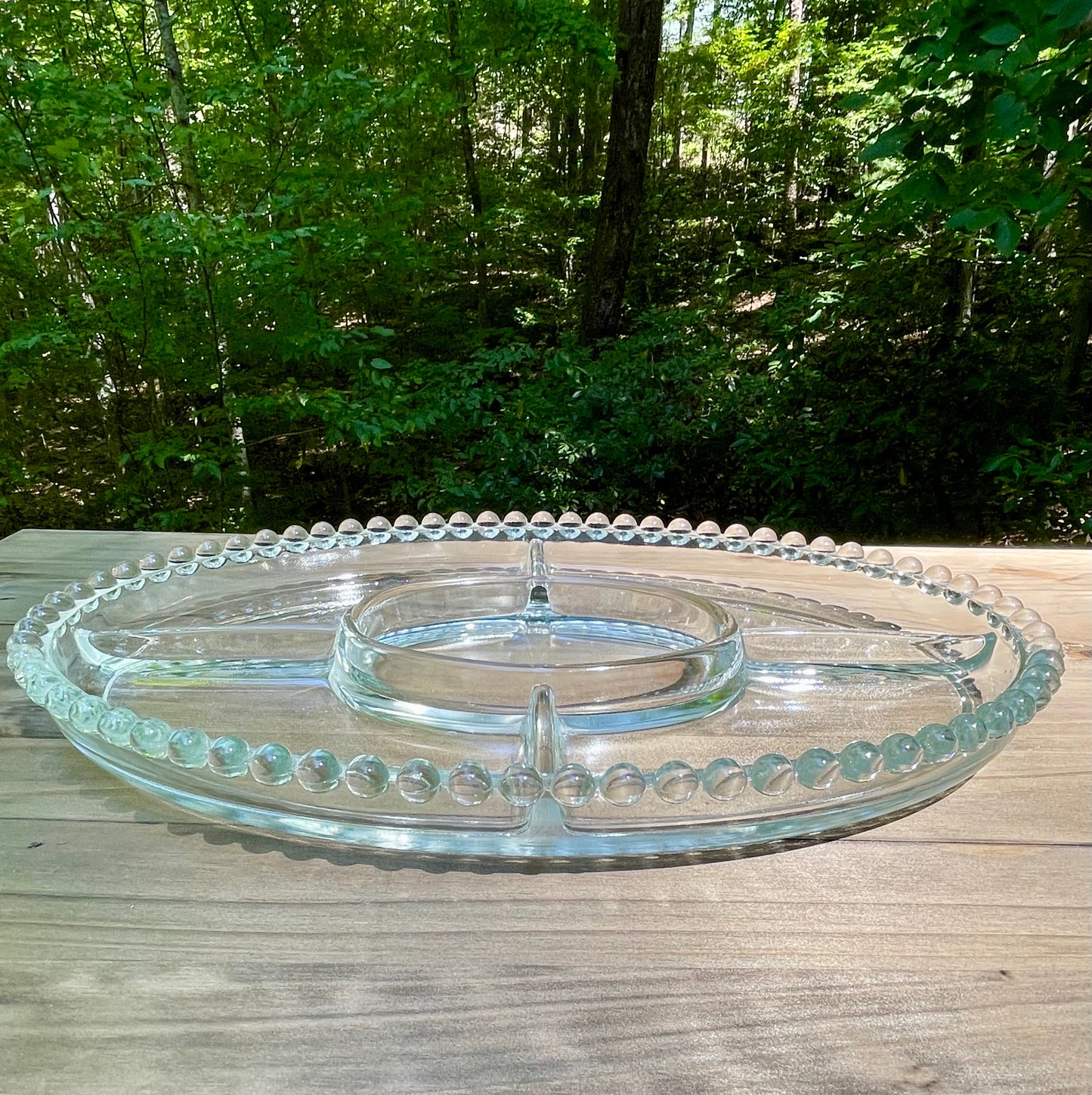 imperial glass company candlewick pattern divided party tray 1940s pearl edge design bubble design edge heavy pressed lead crystal dish vintage gift christmas birthday gift thebrokenbirdcompany lead crystal 13.5 inch length