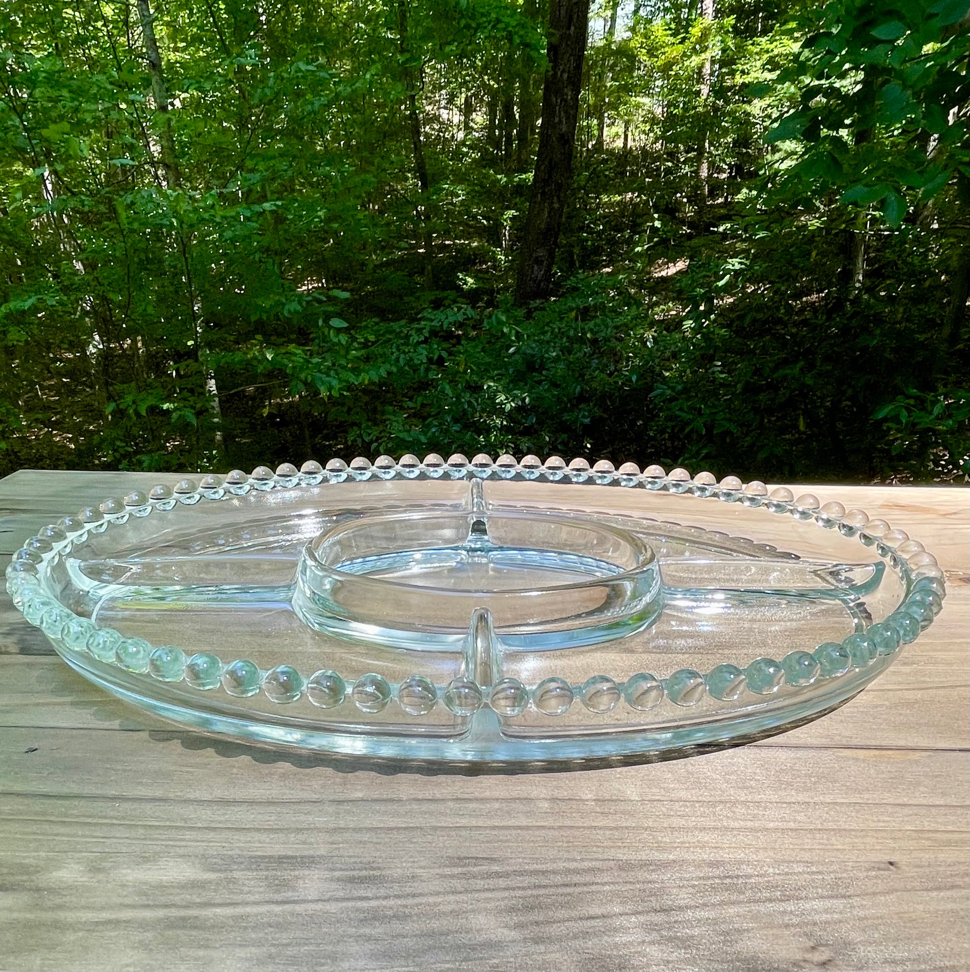 imperial glass company candlewick pattern divided party tray 1940s pearl edge design bubble design edge heavy pressed lead crystal dish vintage gift christmas birthday gift thebrokenbirdcompany lead crystal 13.5 inch length
