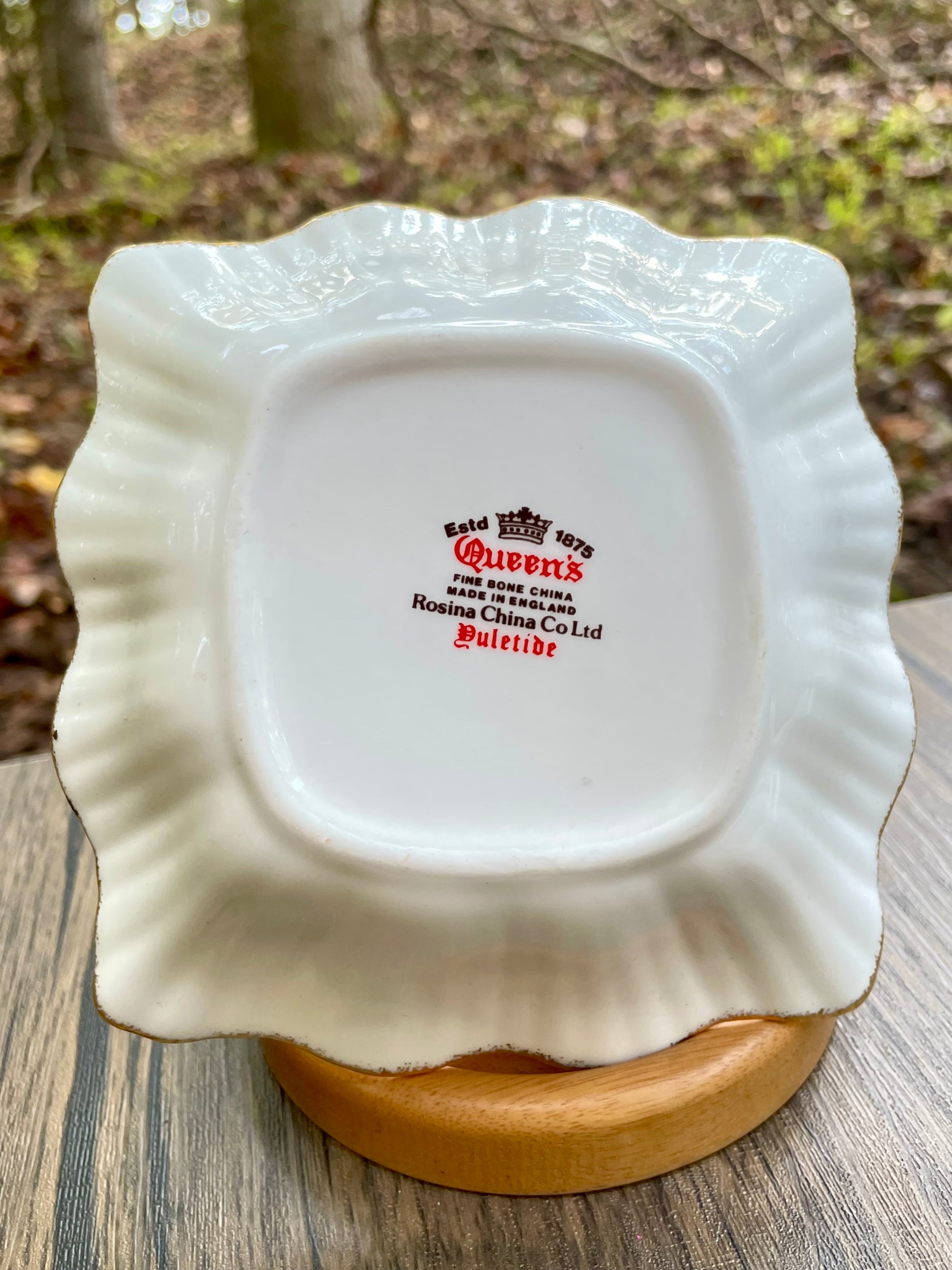 vintage christmas candy dish square scalloped edge gold rim pinecones holly and berries Yuletide collection 1970s Rosina China Company LTD Queens China bon bon dish christmas decor christmas dishes discontinued design free shipping gift holiday decor thebrokenbirdcompany classic christmas decorations holiday dishes gifts green mistletoe red holly gold rim scalloped edge green brown and red white gold colors 5 inch candy dish