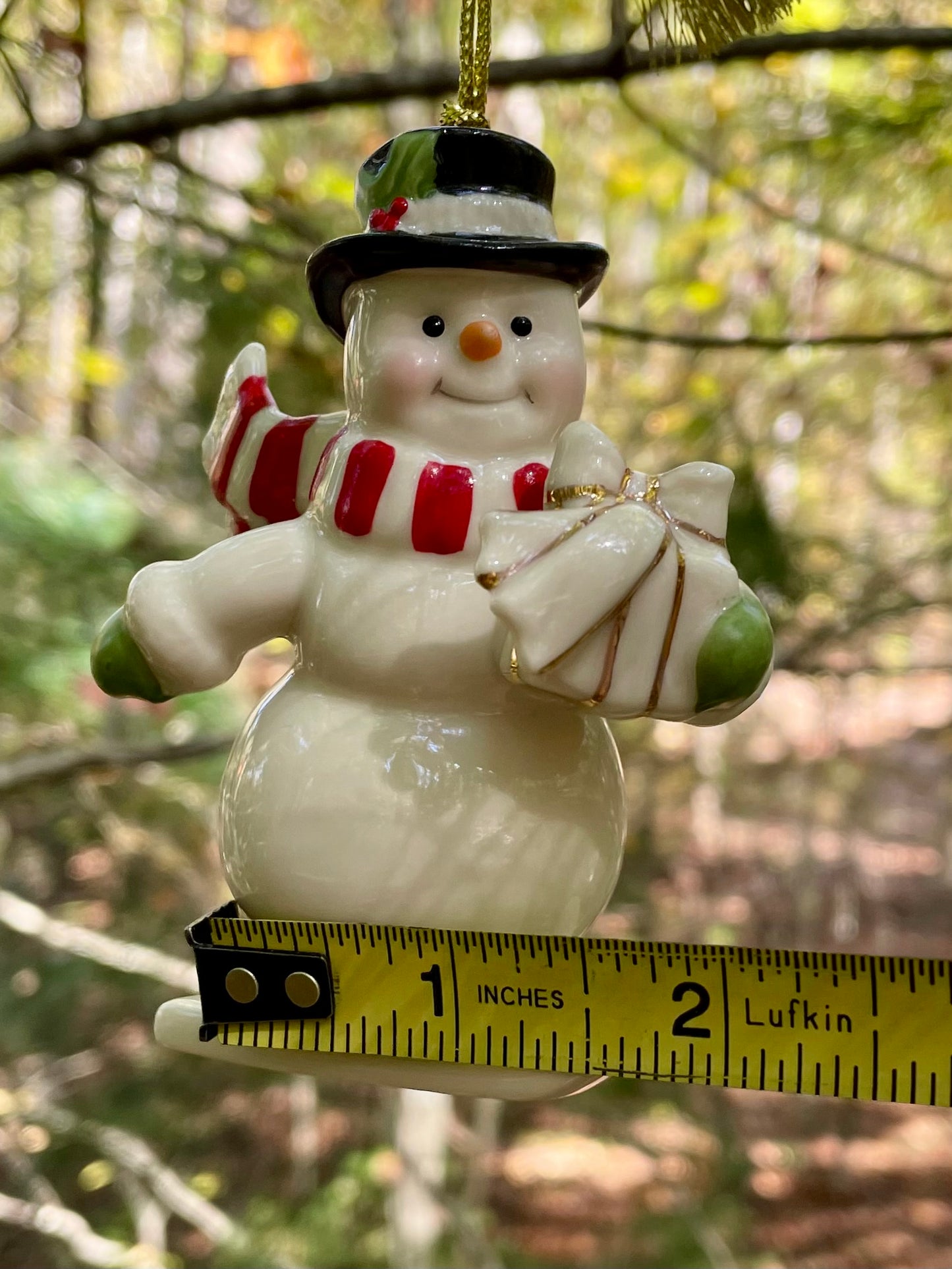 2017 Lenox Very Merry Christmas Snowman Skiing porcelain 24k gold accent christmas ornament rare discontinued collection Lenox Snowman with red scarf and green gloves christmas ornaments christmas gifts lenox christmas 3.5 inch 