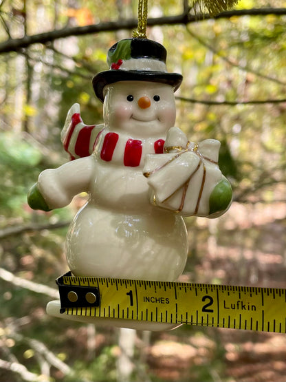 2017 Lenox Very Merry Christmas Snowman Skiing porcelain 24k gold accent christmas ornament rare discontinued collection Lenox Snowman with red scarf and green gloves christmas ornaments christmas gifts lenox christmas 3.5 inch 