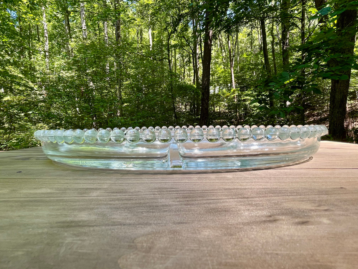 imperial glass company candlewick pattern divided party tray 1940s pearl edge design bubble design edge heavy pressed lead crystal dish vintage gift christmas birthday gift thebrokenbirdcompany lead crystal 13.5 inch length