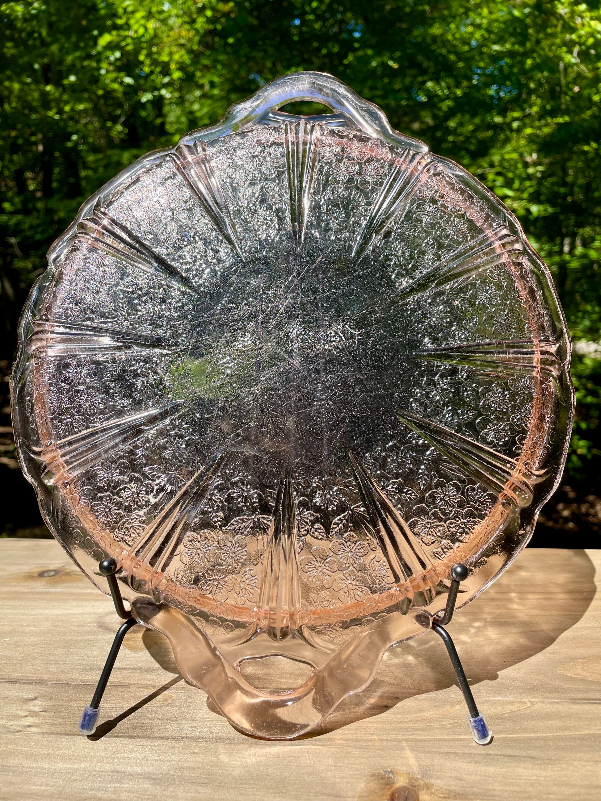 pink depression glass, Mayfair Open Rose, Anchor Hocking glass, vintage serving tray, handled glass plate, floral pattern glass, depression era collectible, 1930s glassware, rose motif tray, pink glass platter, antique serving dish, molded depression glass, Open Rose pattern, vintage pink tray, collectible glassware thebrokenbirdcompany vintage kitchenware gift for her spring serving plate pink plate