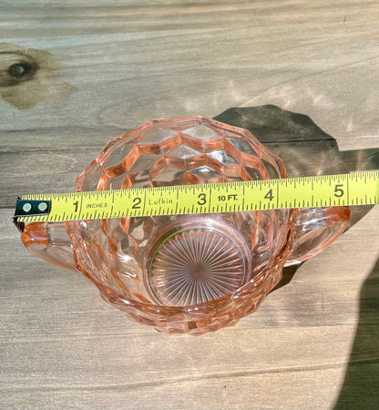 vintage diamond quilted pink depression glass double handle sugar bowl cup tea cup imperial glass company 1930s vintage pink glass pink cup princess cup gift thebrokenbirdcompany free shipping pink glass vintage gift birthday cup scalloped edge blush pink glass 2.5 inch height 5 inch width double pink handles diamond optic quilted 1930s pink depression glass