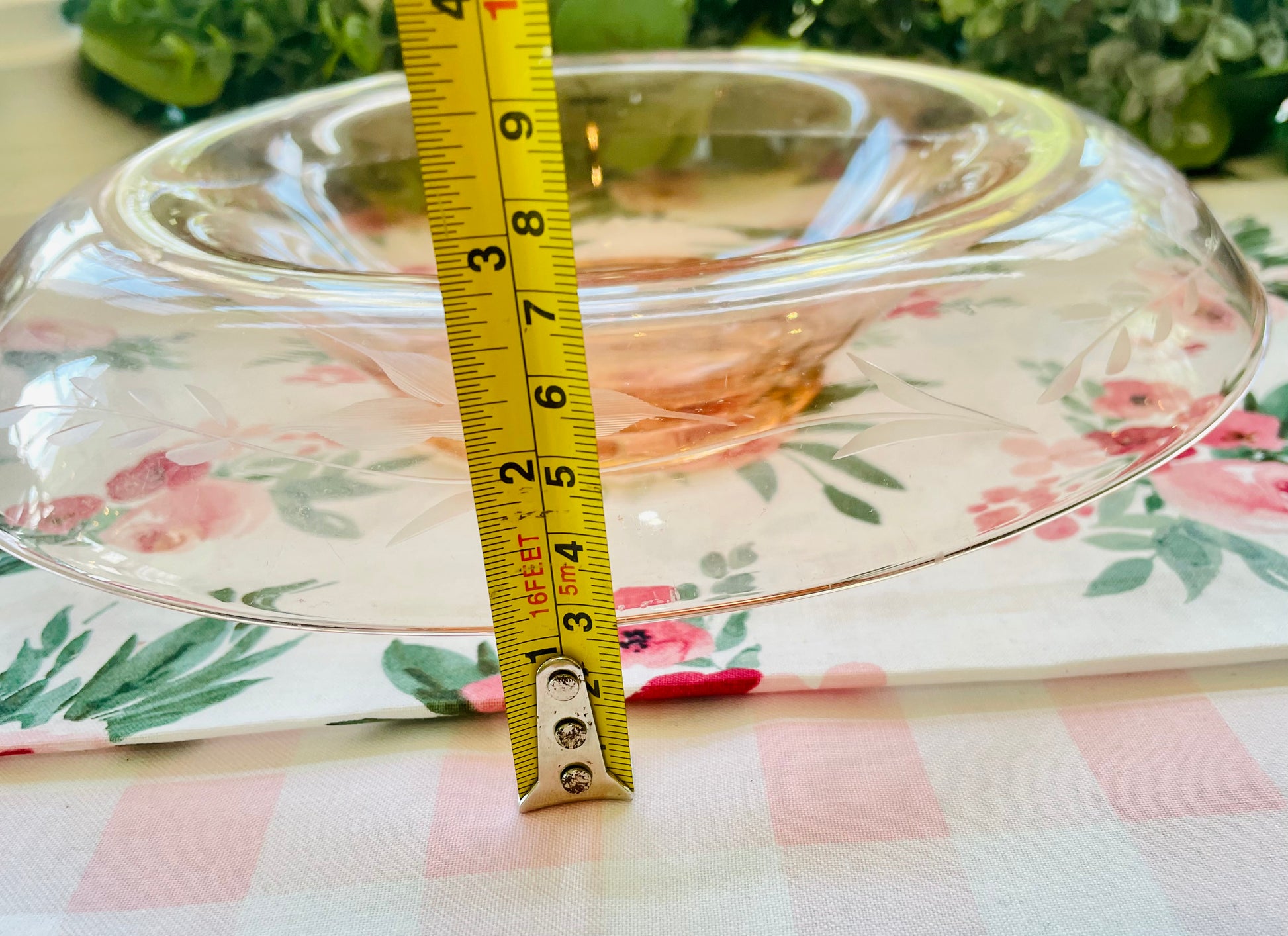 Antique 1930s Pink Depression Glass Etched Rolled Edge Console Bowl pink bowl thebrokenbirdcompany free shipping birthday centerpiece bowl mothers day easter pink decor pink glass etched flowers and vines party bowl decor