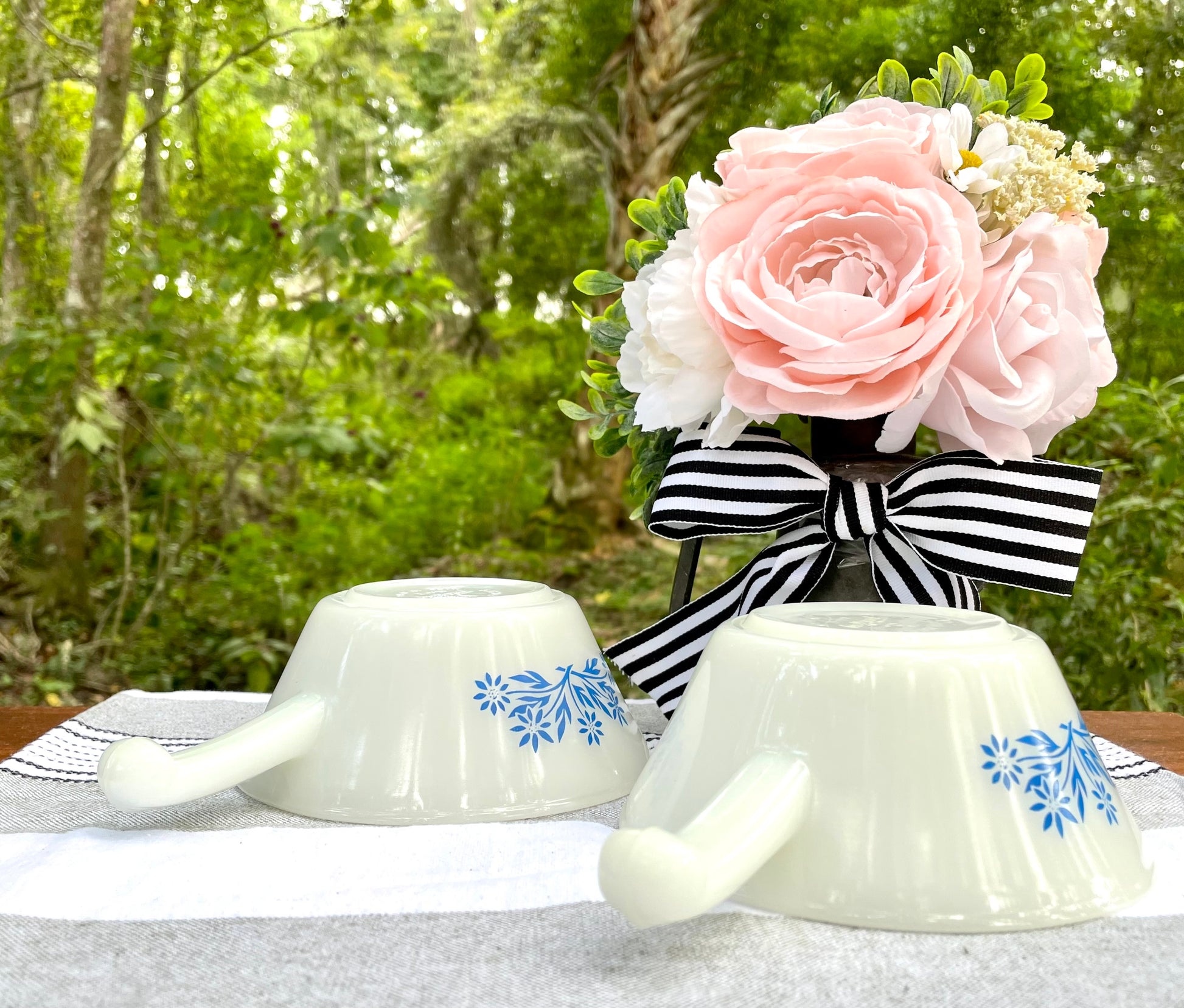 Antique Fire King by Anchor Hocking White Milk Glass and Blue Corn Flower Soup Bowls with Handles Thebrokenbirdcompany vintage soup bowls birthday gift vintage blue and white dishes vintage fire king glass vintage kitchenware 