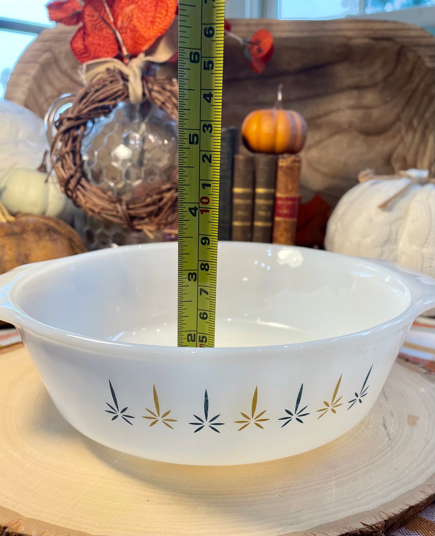 antique anchor hocking atomic starburst 1 quart casserole dish white milk glass vintage casserole dish milk glass kitchenware Thebrokenbirdcompany unique birthday gift orange and blue star burst dish cooking ware vintage kitchen vintage milk glass
