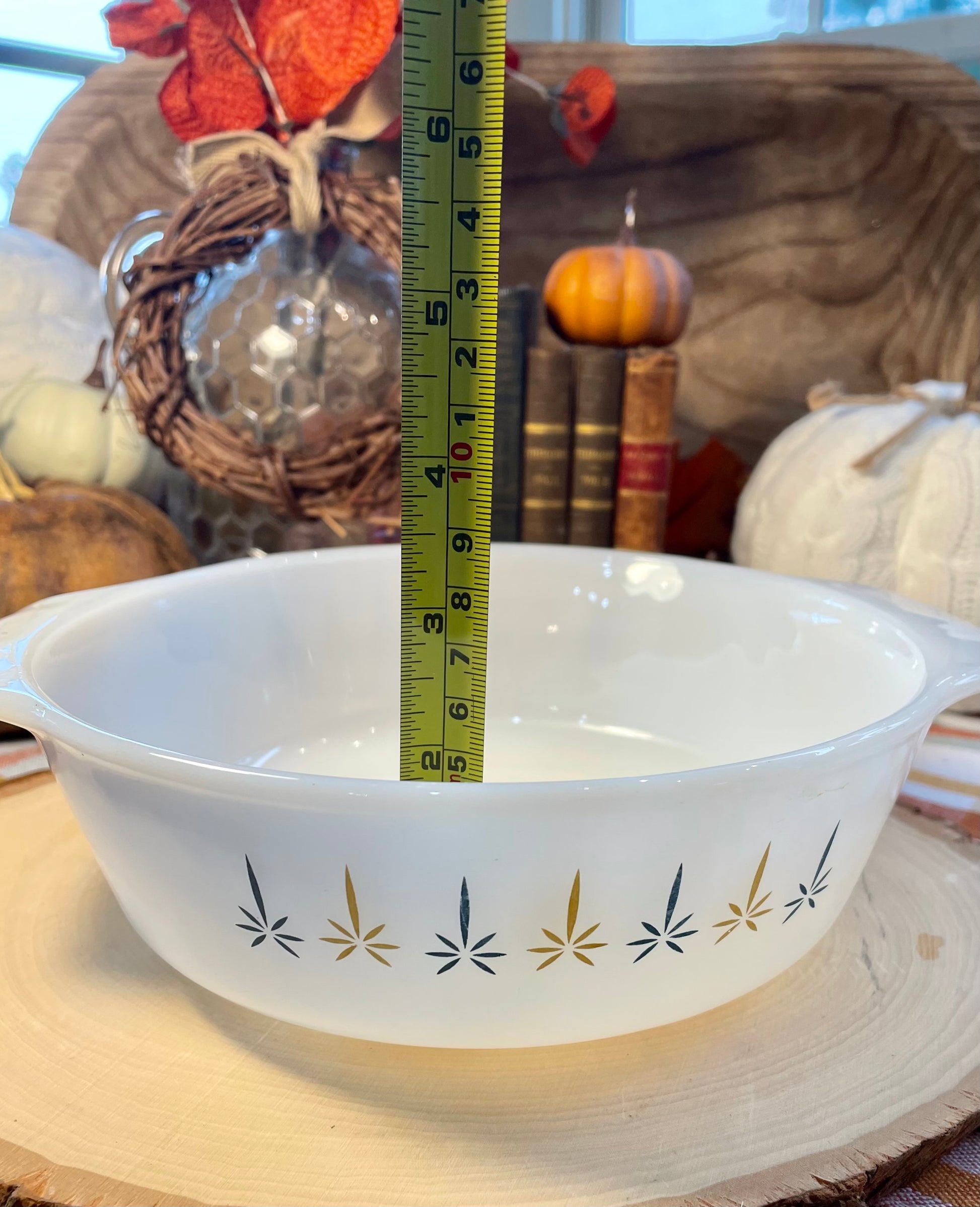 antique anchor hocking atomic starburst 1 quart casserole dish white milk glass vintage casserole dish milk glass kitchenware Thebrokenbirdcompany unique birthday gift orange and blue star burst dish cooking ware vintage kitchen vintage milk glass