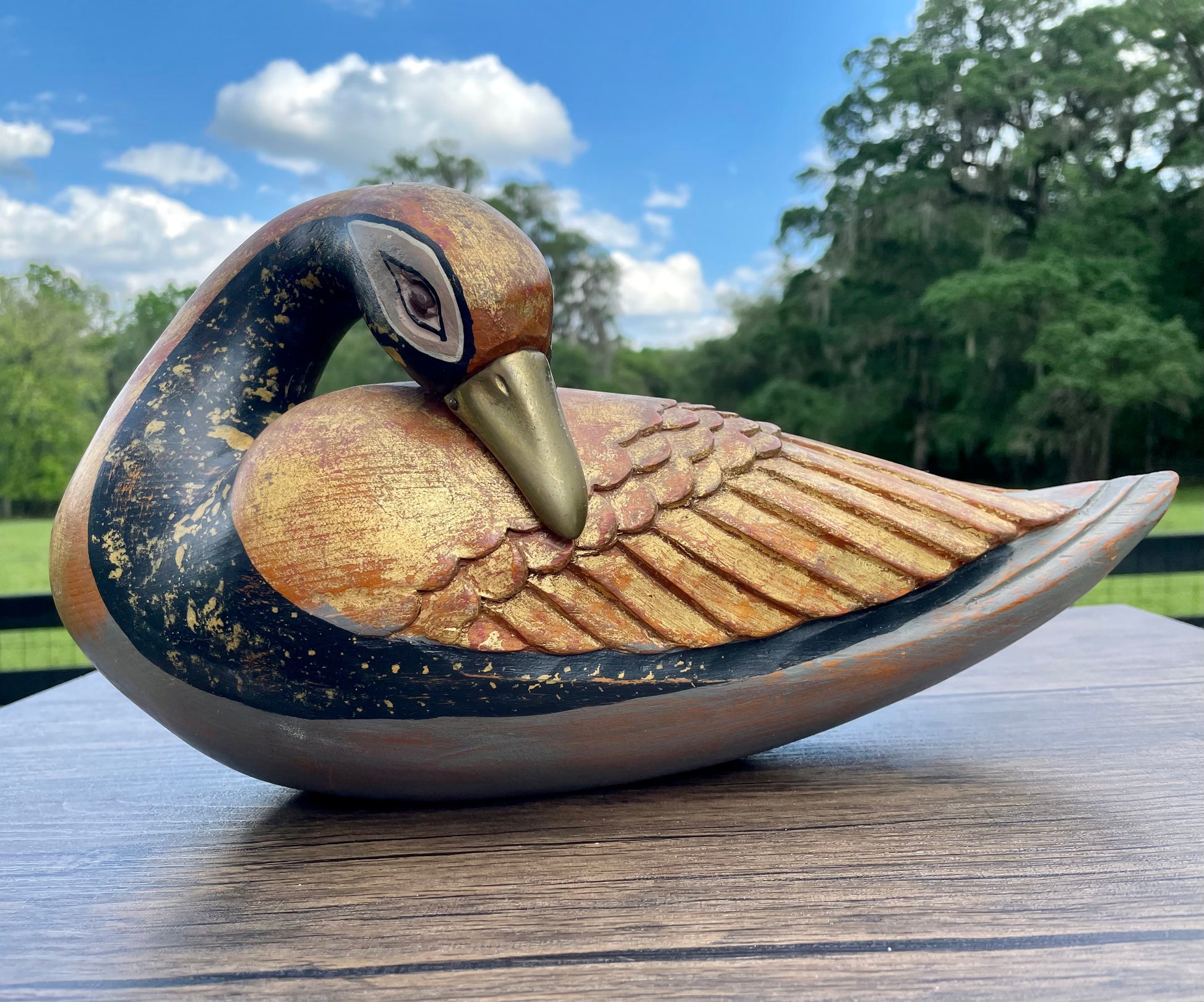vintage wooden goose, hand carved swan sculpture, J Florentia Italy, Decorative Crafts Inc, Italian decorative bird, distressed wood bird figurine
rustic bird decor, farmhouse shelf decor, antique style swan statue, hand made Italy wood carving, lodge cabin decor, vintage home accents, collectible goose figurine, gold painted wood bird, A 407 Florentia vintage decor, wooden sculpture, Italian handmade, J Florentia, Decorative Crafts, goose figurine, swan statue