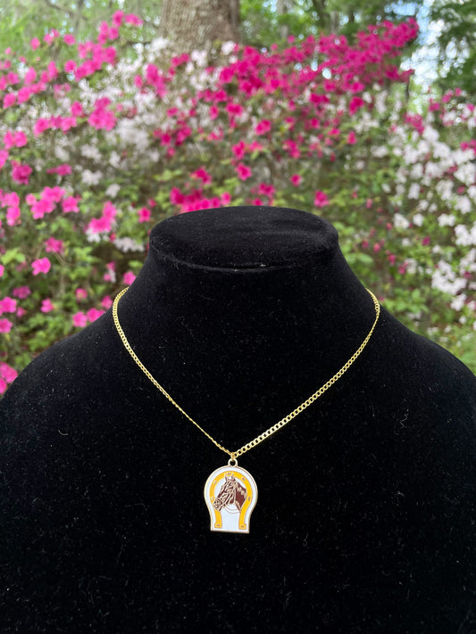 gold tone necklace with lucky horseshoe and horse themed pendant necklace with chain gold tone free shipping thebrokenbirdcompany yellow horseshoe brown horse head gold tone 16 inch chain horse lovers gift for her lucky horseshoe horse rider gift equestrian necklace barrel rider gift western themed necklace country girl gift christmas gift unique horse gift 