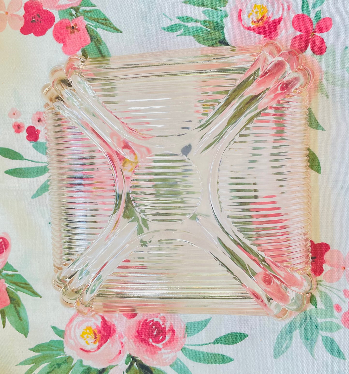 Antique Opalescent Pink Depression Glass Square Ribbed Dish