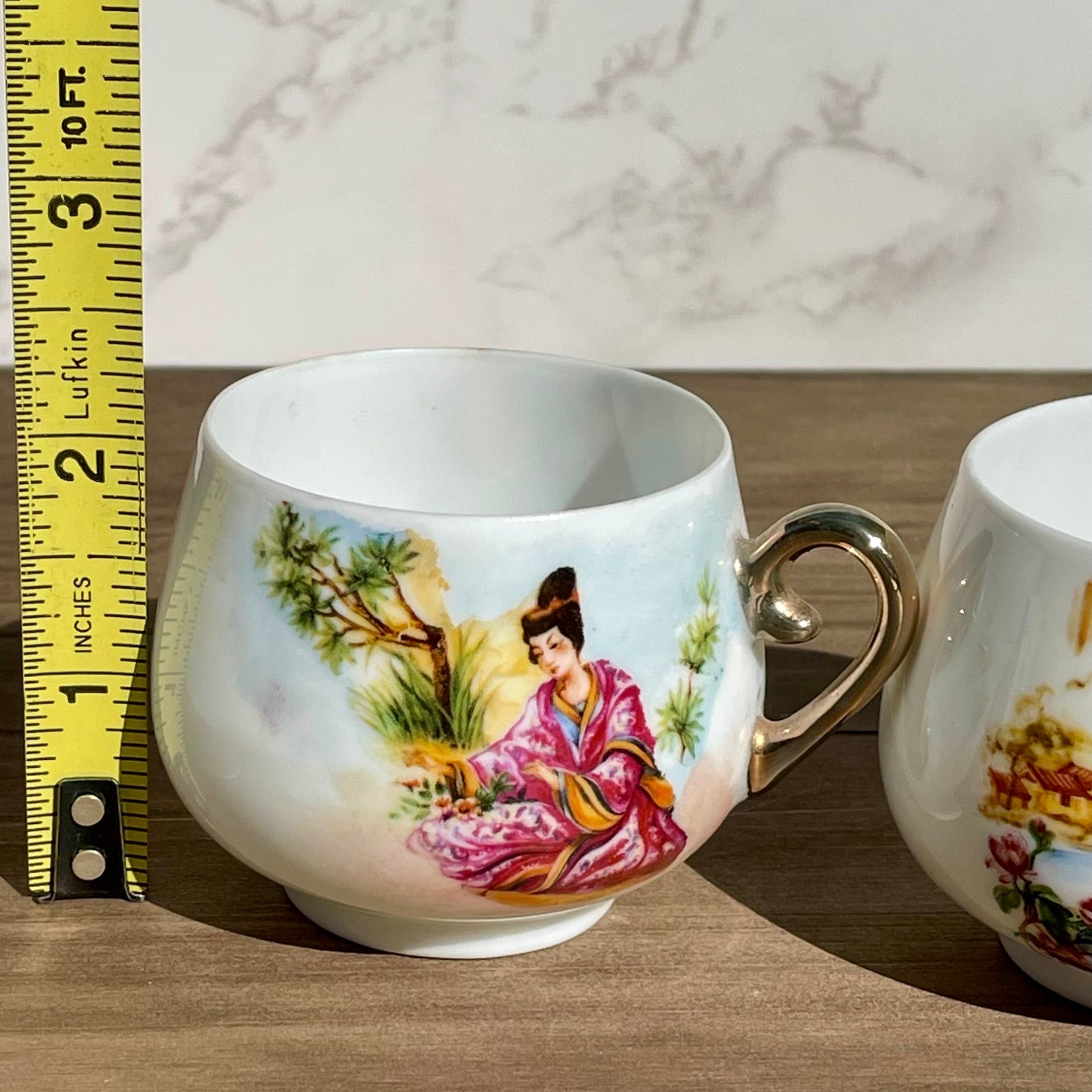 antique japanese lady lithophane kutani tea cup set had painted gold handle made in japan lithophane lady face on bottom of cup set of 4 rare cups Maryland China asain kitchen asain decor rare 1930s tea set free shipping christmas housewarming gift for her rare gift thebrokenbirdcompany