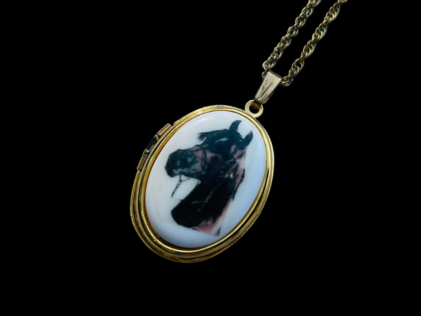 horse cameo necklace 24 inch gold tone chain with brown horse cameo locket horse lover gift for her equestrian themed white enamel with brown horse painted on front keepsake locket necklace thebrokenbirdcompany free shipping christmas gift unique western necklace country girl necklace horse locket