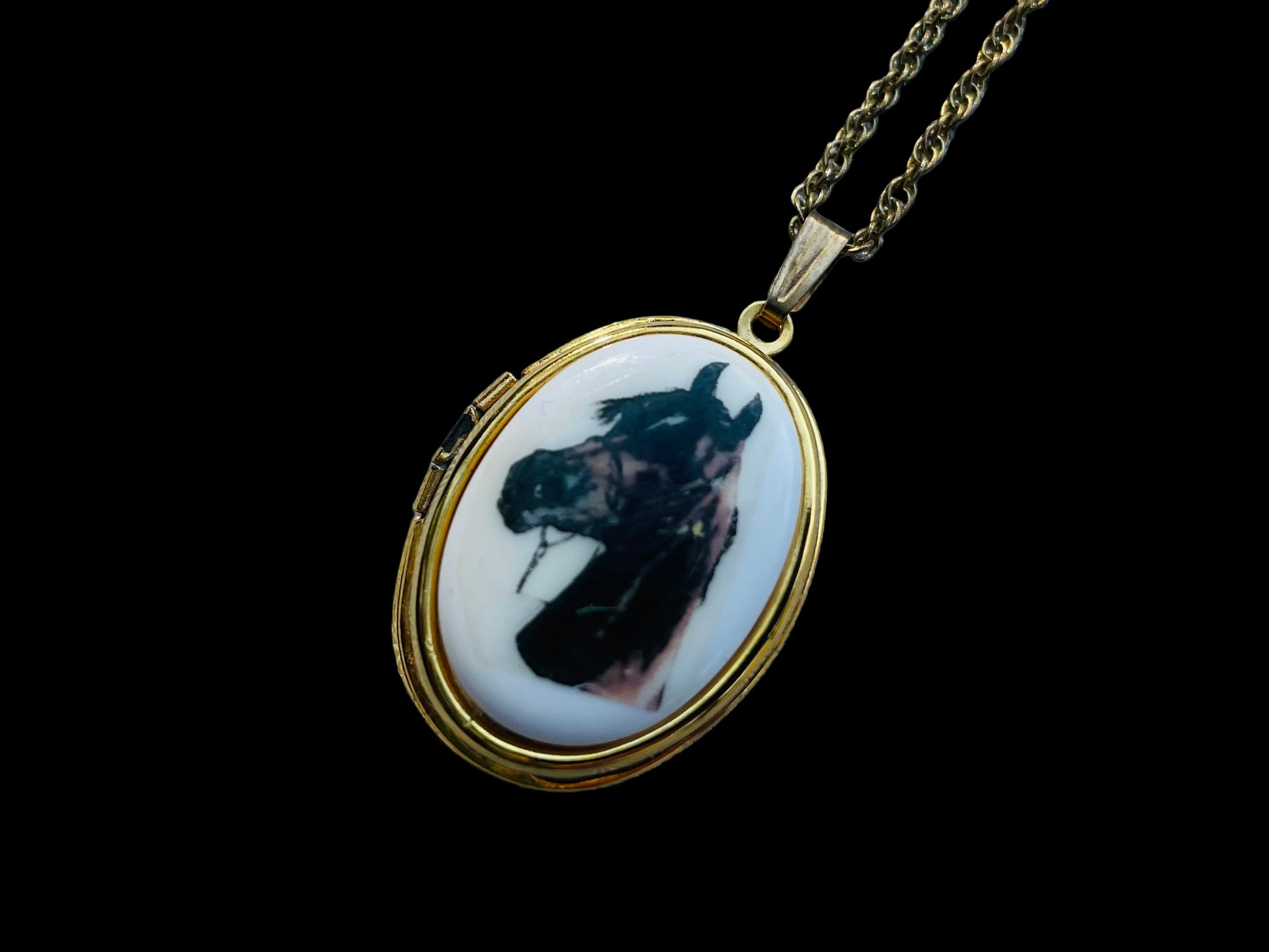 horse cameo necklace 24 inch gold tone chain with brown horse cameo locket horse lover gift for her equestrian themed white enamel with brown horse painted on front keepsake locket necklace thebrokenbirdcompany free shipping christmas gift unique western necklace country girl necklace horse locket
