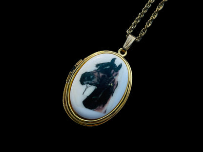 horse cameo necklace 24 inch gold tone chain with brown horse cameo locket horse lover gift for her equestrian themed white enamel with brown horse painted on front keepsake locket necklace thebrokenbirdcompany free shipping christmas gift unique western necklace country girl necklace horse locket