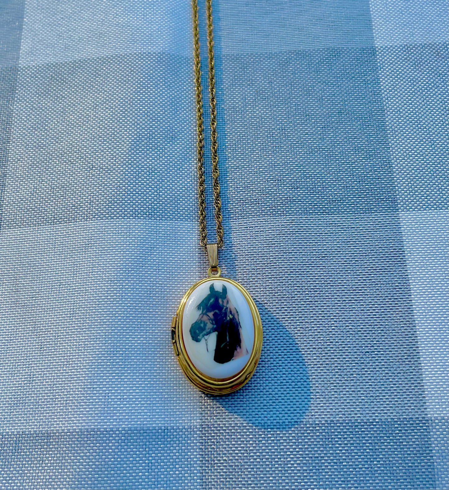 horse cameo necklace 24 inch gold tone chain with brown horse cameo locket horse lover gift for her equestrian themed white enamel with brown horse painted on front keepsake locket necklace thebrokenbirdcompany free shipping christmas gift unique western necklace country girl necklace horse locket