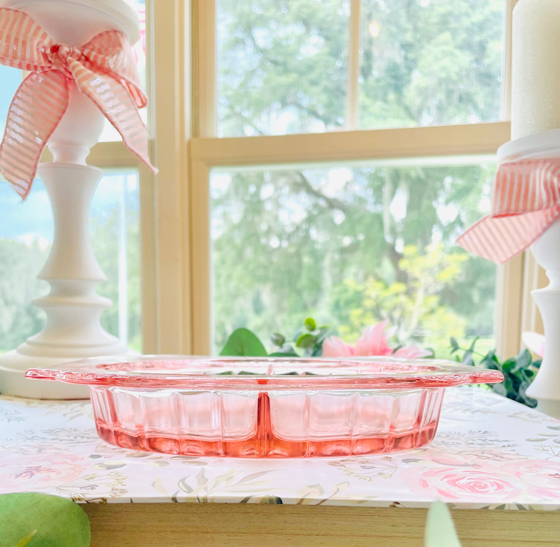 Pink depression glass clearance cake plate