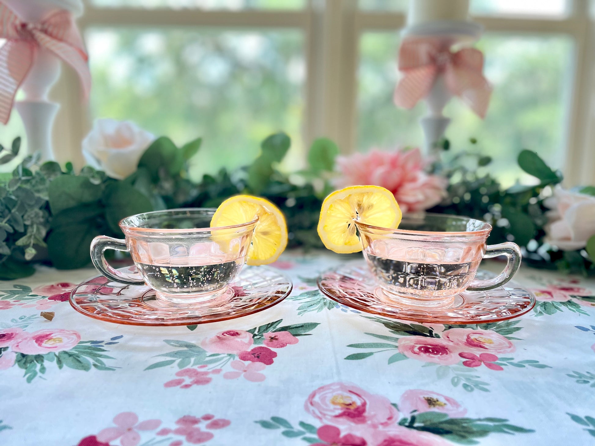 Antique Pink Depression Glass Square Optic Tea Cup and Saucer Set